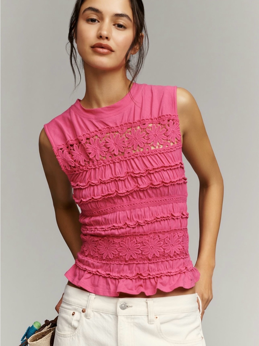 NWT Anthropologie Hot Pink Floral Lace Ruffle Tank Small
